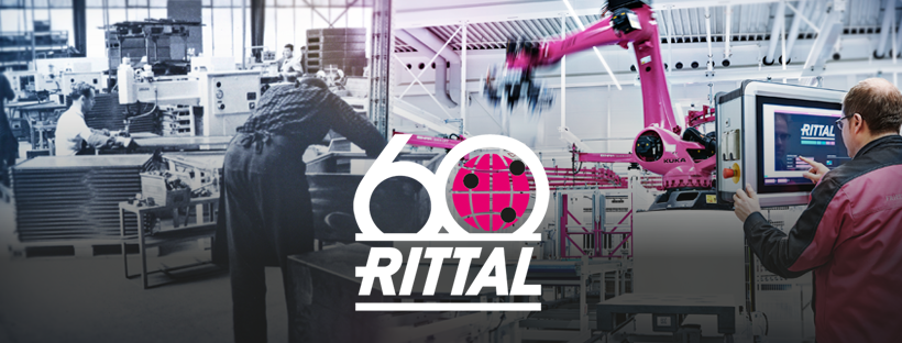 Profissionais construindo painéis e a logo a Rittal apresentando seus 60 anos.