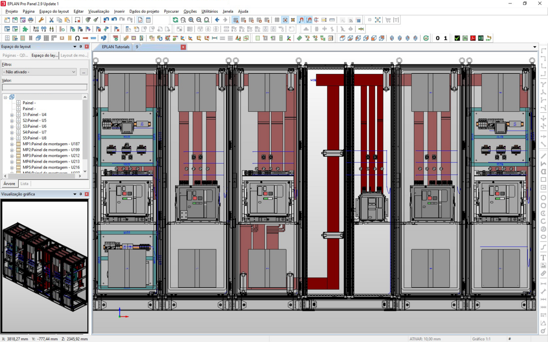 Software Eplan Pro Panel com um layout de painéis elétricos em 3D